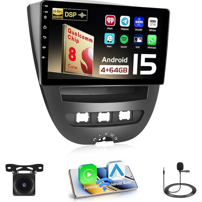 Hikity Qualcomm Snapdragon 8 Core 4+64G Android 15 Automobilinis radijas Peugeot 107/ Toyota Aygo/Citroen C1 2004-2014 Belaidis CarPlay Android automobilis IPS ekranas 10.1 colių BT5.1 GPS WiFi FM RDS SWC DSP