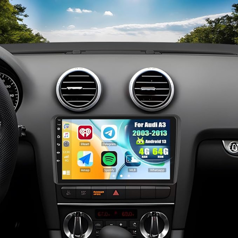 SIXWIN 4+64G Android 13 automobilinis radijas su CarPlay/Android Car/Mirror Link, skirtas Audi A3 2003-2013.9 colių HD jutiklinis ekranas Palaiko WiFi GPS Bluetooth 5.0 FM/RDS 32EQ + atbulinės eigos kamera