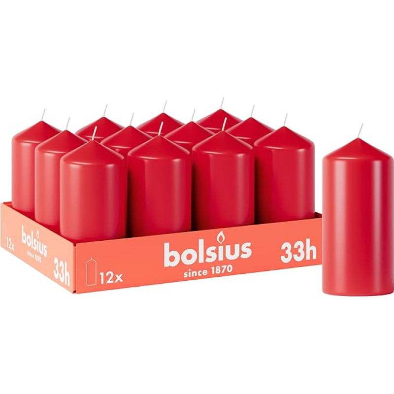 Bolsius Smooth Pillar Candles - Raudonos spalvos - 12 vnt. - 12 x 6 cm - Dekoratyvinės namų apyvokos žvakės - Degimo trukmė 33 valandos - Nekvepiančios - Sudėtyje yra natūralaus augalinio vaško - Be palmių aliejaus