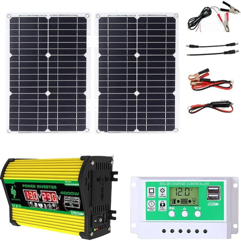 4000 W saulės kolektorių rinkinys su 50 W vandeniui atsparia plokšte ir 50 A įkrovimo valdikliu, skirtas kemperiams, namams ir valtims - du prievadai ir LED indikatorius (unikali spalva)