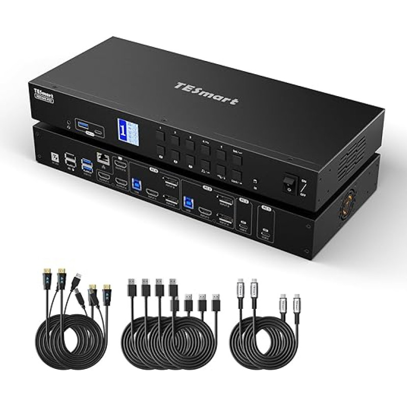 TESmart USB 3.0 HDMI + DP + USB C KVM jungiklis 4 kompiuteriams 3 monitoriams, 4 prievadų KVM jungiklis su EDID emuliatoriais, 4K @ 60Hz, karštųjų klavišų jungikliu, laidiniu tinklu, MST, ausinėmis ir visais įvesties kabeliais