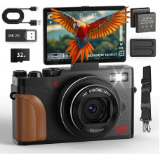 NBD 5K skaitmeninis fotoaparatas 64 MP su 18 kartų priartinimu ir filmavimo funkcija, 3 colių 180° pasukamu ekranu, 4K/60 kadrų per sekundę vaizdo įrašu - lengvas 238 g + 32 GB kortelė ir 2 akumuliatoriai (juodas)