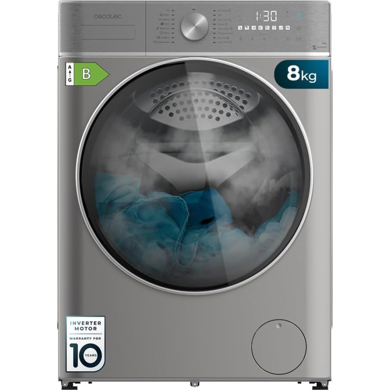 Cecotec Waschtrockner 8-5 kg Frontlader Bolero Wash&Dry 8580 Inverter Steel B. 1400 U/min, 16 programų, Inverter Plus variklis, SteamMax, OnSmart, Fuzzy Logic, SpaCare und Beladungsdetektor