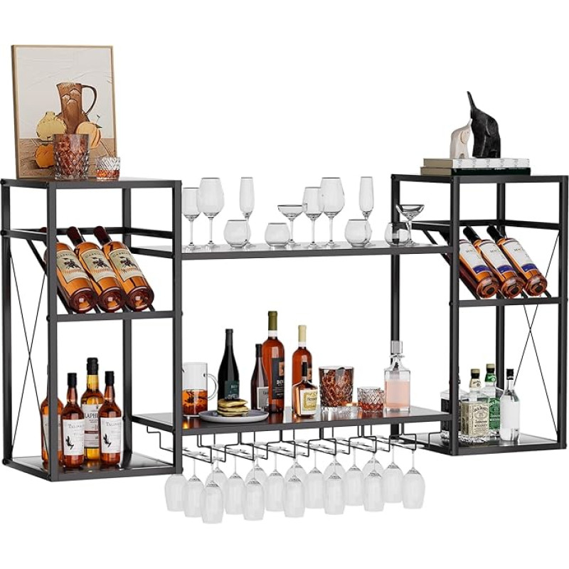 uyoyous 2 pakopų metalinis vyno stovas sieninis, 48 colių sieninis vyno stovas su 6 stiklo laikikliais, baro stovas vyno buteliams, plūduriuojanti sieninė lentyna alkoholiniams gėrimams namų barui, virtuvei, valgomajam, restoranui, juoda