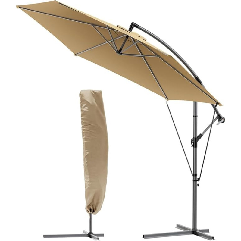 VOUNOT 300 cm skėčių konsolė, skėčiai su rankenėle, apsauga nuo vėjo, apsauga nuo saulės, apsauga nuo UV spindulių, sodo skėtis, skėtis, skėtis su rankenėle, smėlio spalvos