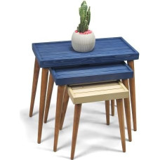 MOBENTA Rustikale Massivholz 3-teilige Nisttische mit Lattenplatten - Handgefertigtes platzsparendes Beistelltisch-Set