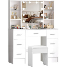 Teousev J51252 Tualetinis staliukas su atidaromu veidrodžiu ir taburete, tvirtas kosmetinis staliukas su pritemdomu apšvietimu ir vaizdo instrukcija (anglų kalba negarantuojama), tualetinis staliukas su 7 stalčiais ir 6