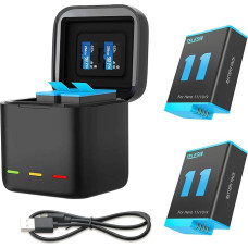 AFAITH 2 baterijų pakuotė su įkroviklio rinkiniu, 3 kanalų baterijų laikymo dėžutė, 2 įkraunamos ličio jonų baterijos, skirtos Go Pro Hero 12 Hero 11 Hero 10 Hero 9 Black (įkroviklis + 2 baterijos)