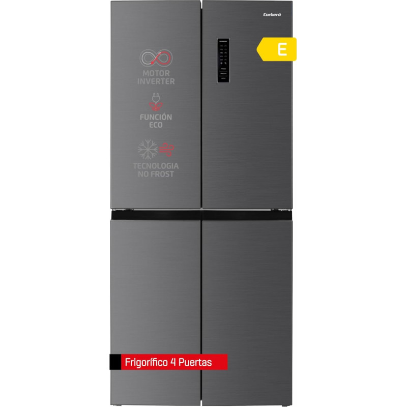 Corbero - CF4PH4823NFX 4 durų šaldytuvas 362L Inverterio variklis No Frost Door Display Fresh Box Crisper&Fresh Box Stiklinės lentynos Eco funkcija 39dB E.Energy E Nerūdijantis plienas
