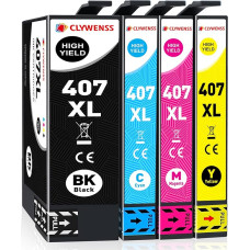 Clywenss 407 XL kasetės, suderinamos su Epson 407XL spausdintuvo kasetėmis, skirtomis Workforce Pro WF-4745DTWF WF-4745DTWF WF4745 DTWF WF4745DTWF, 4 vnt. (juodos, žydros, purpurinės, geltonos spalvos)