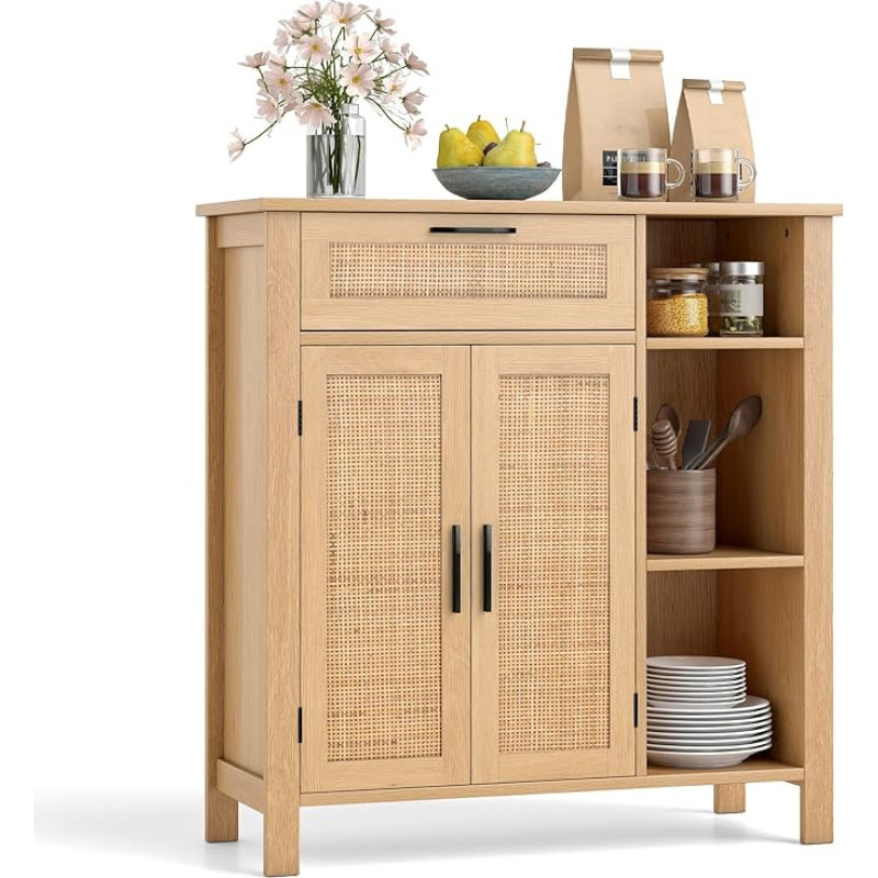 COSTWAY Bufetinė spintelė su 2 durimis, 1 stalčiumi ir atvirais skyriais, virtuvės spintelė su stalčiais, bufetas virtuvėje, valgomajame, svetainėje, 75 x 30 x 80 cm, natūrali
