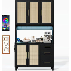 183 cm aukščio virtuvės spintelė, bufetinė aukšta spintelė su programėlės valdomu LED dekoratyviniu apšvietimu, 2 x USB, 2 x kištukiniai lizdai, reguliuojamos lentynos, rotango spintelė su 3 stalčiais, skirta virtuvei, valgomajam