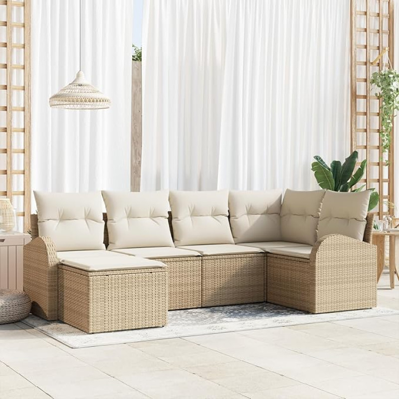 6-teiliges Garten-Sofa-Set mit Kissen Beige Poly-Rattan Gartenlounge Modelis3346111