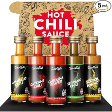 TIMBER TASTE Chili Sauce Gift Set [5 x 40 ml] | Offroad Hot Ones Sauce Gift Set | Gifts for Men & Women | Barbecue Sauce, Curry Sauce, Mango Sauce, Chilli Sauces Spices