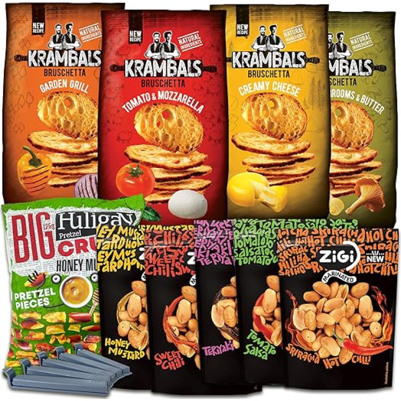 Riešutų ir užkandžių dėžutė (755 g) Žemės riešutai, duonos traškučiai ir keksiukų gabaliukai su skoniu, su maišelių spaustukais