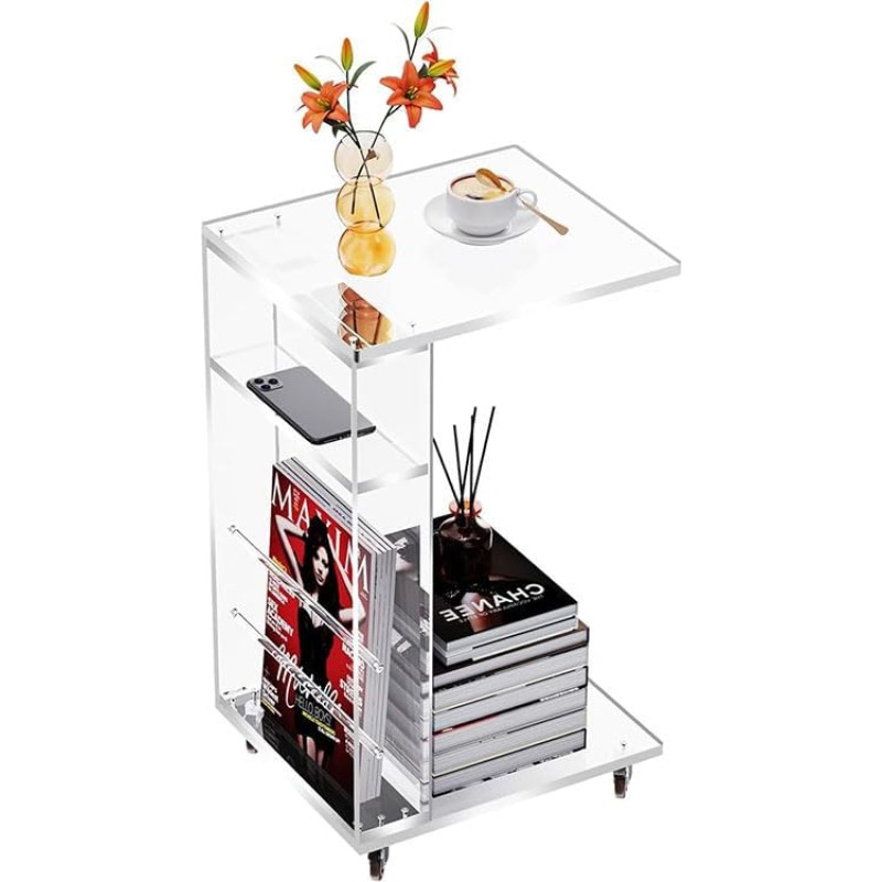 C formos akrilinis staliukas, skaidrus, su ratukais, sofos staliukas mažoms erdvėms (skaidrus, 30 x 35 x 60 cm)