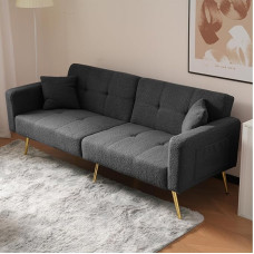 Sofa, 2 vietų sofa-lova su lovos funkcija, reguliuojamu kampu, auksinėmis kojelėmis, 3 vietų sofa su pagalvėlėmis ir šoninėmis kišenėmis svetainei, kambariui (juoda, 176 x 75 x 64 cm)