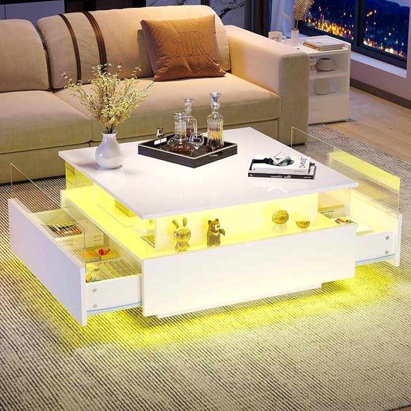 Šiuolaikinis blizgus LED kavos staliukas su 2 stalčiais ir permatoma prezentacijos zona, saugykla, stabilus ir patvarus - iki 30 kg apkrovos, idealiai tinka svetainei, 70 x 70 x 41 cm (baltas)