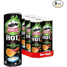 Pringles Hot Kickin' Sour Cream Flavour (8 x 160 g) - The Irresistible Snack Classic in a Handy Tin - Sharp Chips with Sour Cream Flavour - Pop Play. Eat.