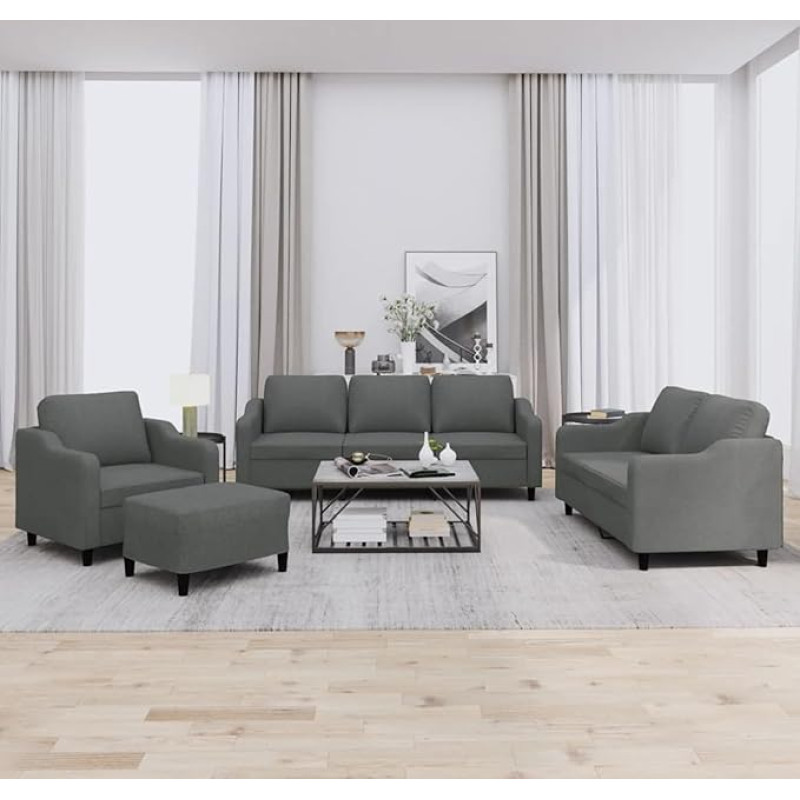 Dunkelgrauer 3-teiliger Stoff-Sofa-Set mit Fußhocker & Kissen - Komfortabilus ir tvirtas Modelis3201779