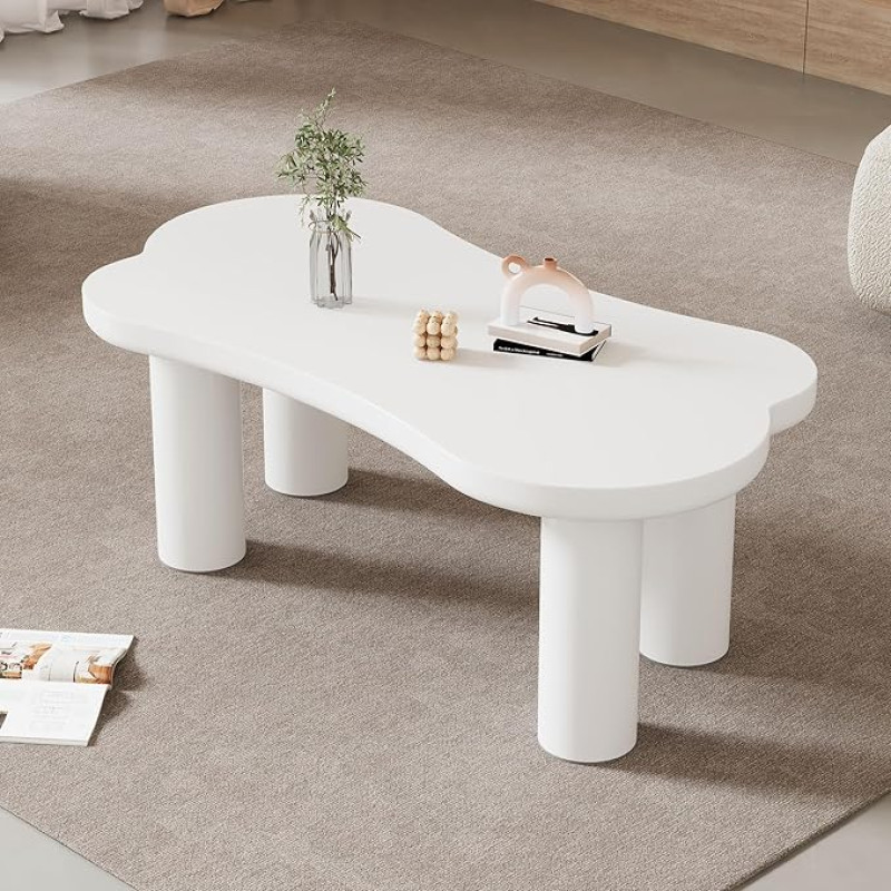 Debesies formos netaisyklingas kavos staliukas, 107 cm ilgio, 66 cm pločio, 40,5 cm aukščio, su MDF stalviršiu ir PVC kojomis, su veltinio paklotu (balta-2)