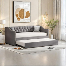 2 vietų sofa lova, 90/180 x 200 cm, sofa lova, paminkštinta, su skersiniu pagrindu, išskleidžiama sofa lova svetainei (pilka 2, lininis audinys)