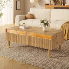 BTM Šis modernus LED kavos staliukas turi banguotą stalčių viršų, auksines medines kojas, du stalčius ir spalvą keičiančią LED šviesos juostą.