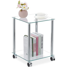 Relaxdays Side Table with Wheels, 2 Shelves, Square, Living Room, Glass & Steel, Mobile Coffee Table, Transparent/Silver