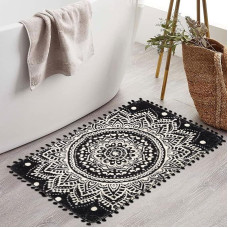 Boho maži vonios kambario kilimėliai, Mandala minkštas kilimėlis su Pom Pom kutais, metami kilimėliai, neslystantys pūkuoti kilimėliai prieškambariui, voniai, kriauklei, miegamajam (juoda, 60 x 90 cm)