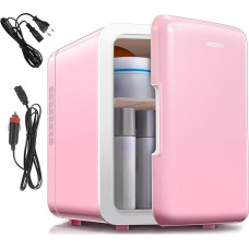 Mini Refrigerator, 6 Liter/9 Cans Portable Cooler and Warmer Personal Fridge for Skincare, Cosmetics, Drinks, Food, Ideal for Bedroom, Office, Car, Freon Free, Pink (Plain)