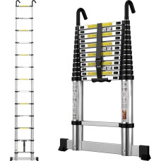 Aluminium Telescopic Ladder 3.8 m, Extendable Ladder with Stabiliser and Removable Hooks, Folding Ladder, Multi-Purpose Ladder, Step Ladder, Household Ladder, Outdoor Ladder, 150 kg Load