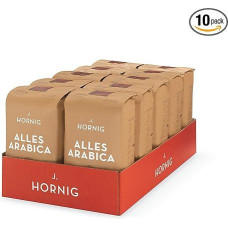 J. Hornig Alles Arabica kavos pupelės, 100 % arabica, 10 x 500 g, sodraus aromato, skirtos filtruojamiems kavos aparatams ir prancūziškam spaudimui, visos pupelės
