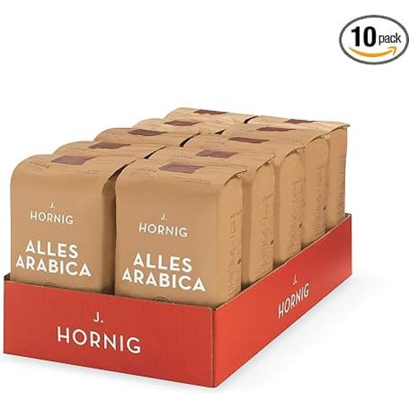 J. Hornig Alles Arabica kavos pupelės, 100 % arabica, 10 x 500 g, sodraus aromato, skirtos filtruojamiems kavos aparatams ir prancūziškam spaudimui, visos pupelės