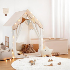 besrey 2-in-1 vaikiška palapinė, vaikiškas žaidimų namelis su tvorele, vidinis su kilimėliu ir šviesomis, vaikiška lovos palapinė, žaidimų palapinė viduje, princesės palapinė, vaikų žaidimų namelis, nuo 3 metų, smėlio spalvos