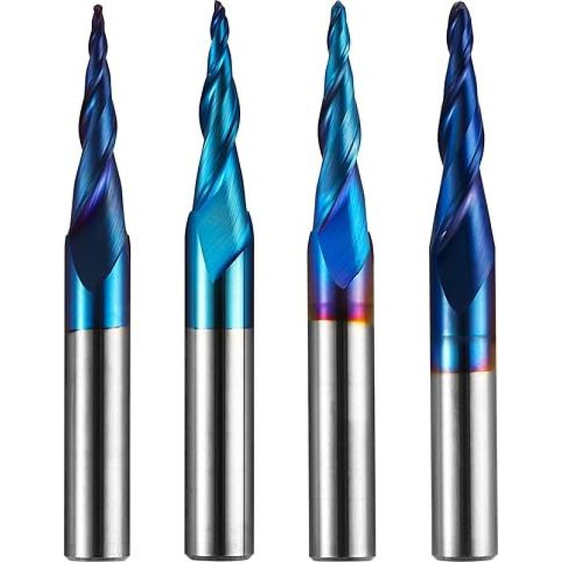 Genmitsu 4 vnt. 2 griovelių kūginis rutuliukas spiralinis frezavimo antgalis Nano mėlyna danga Volframo karbido CNC frezavimo antgaliai 2D ir 3D graviravimo drožybos medžio apdirbimo antgaliai R0.25-1.0 1/4