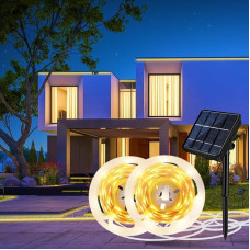 Saulės šviesos diodų juosta 10 m, 2 x 5 m šiltai balta 2700 K saulės šviesos diodų juosta lauke, 360 šviesos diodų, 8 režimai, pjaustoma, IP65 vandeniui atspari, lipni LED juosta vestuvėms, sodui, kiemui, namams