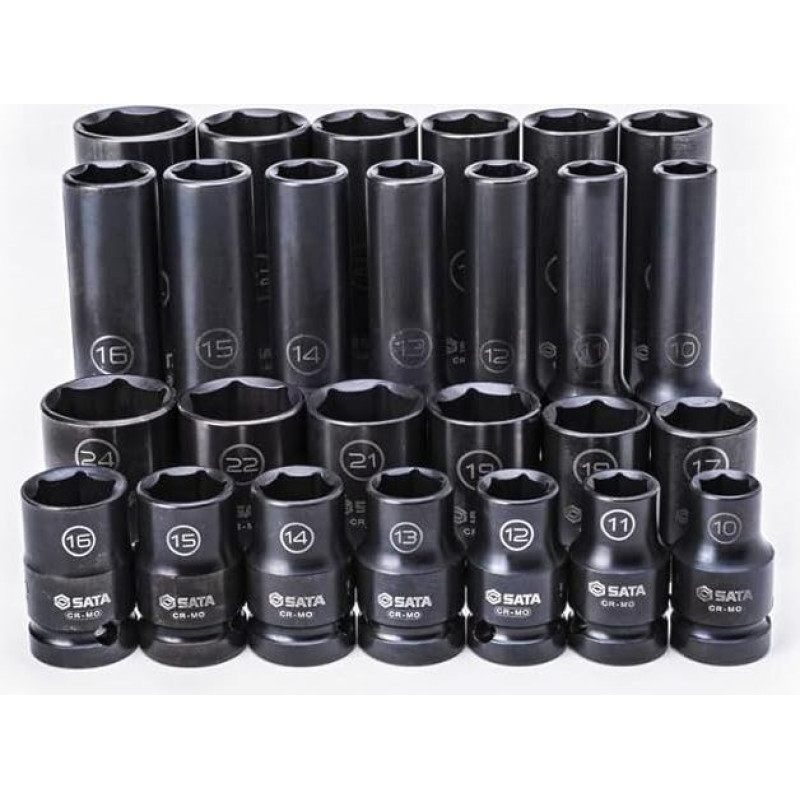 SATA ST34399T 1/2 colio smūginių veržliarakčių įdėklai, plonasieniai, 26 dalių rinkinys, 10-24 mm