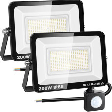 RIGIDON 2 x 200 W Outdoor Motion Sensor LED Spotlight, Outdoor LED Lamp, 20000 LM 3000 K Warm White LED Floodlight, Outdoor Light, Waterproof Outdoor Floodlight for Garden, Garage, Carport, House Wall