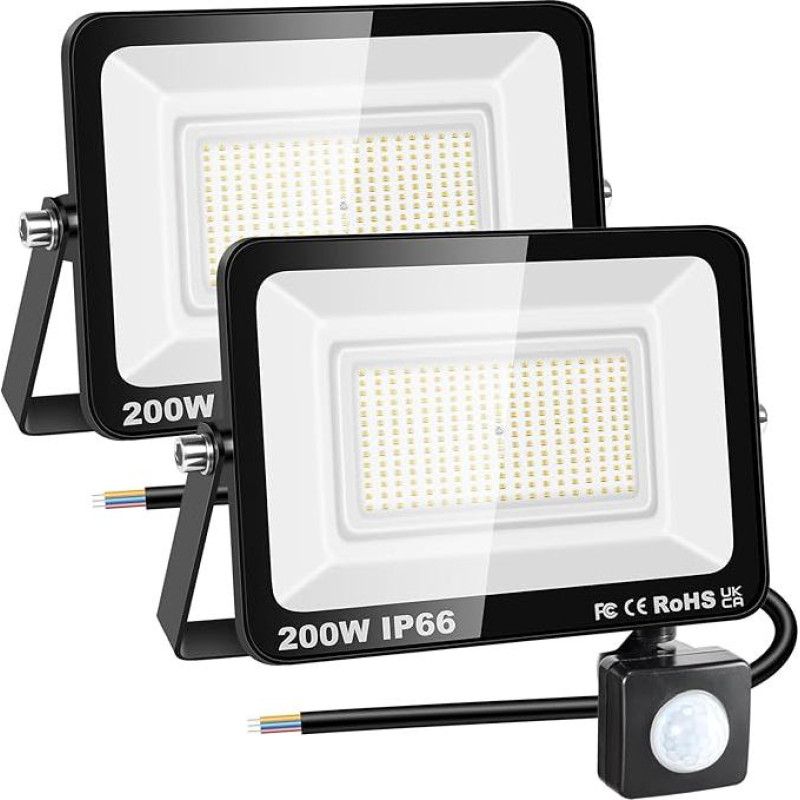 RIGIDON 2 x 200 W lauko judesio jutiklio LED prožektorius, lauko LED lempa, 20000 LM 3000 K šiltai baltos spalvos LED prožektorius, lauko šviesa, vandeniui atsparus lauko prožektorius sodui, garažui, stoginei, namo sienai
