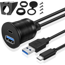 TNP USB C + USB Socket Cable - 1 m, Car USB 3.0 Installation Socket Cable, USB Type C Extension Cable, Dashboard Cable, 2x Male to 2x Female Adapter for Car, Truck, Boat, Motorcycle, Black