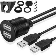 TNP USB Einbaubuchse Kabel - 2m, Kfz USB Einbau Buchse Kabel, USB Verlängerungskabel, runder USB Armaturenbrett Kabel, 2x Stecker auf 2x Buchse Adapter für Auto, LKW, Boot, Motorrad, schwarz