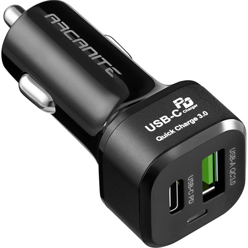 ARCANITE Car Charger, 45W Fast USB Charger with Two Ports - USB-C PD3.0 (27W), USB-A QC3.0 (18W), Premium+