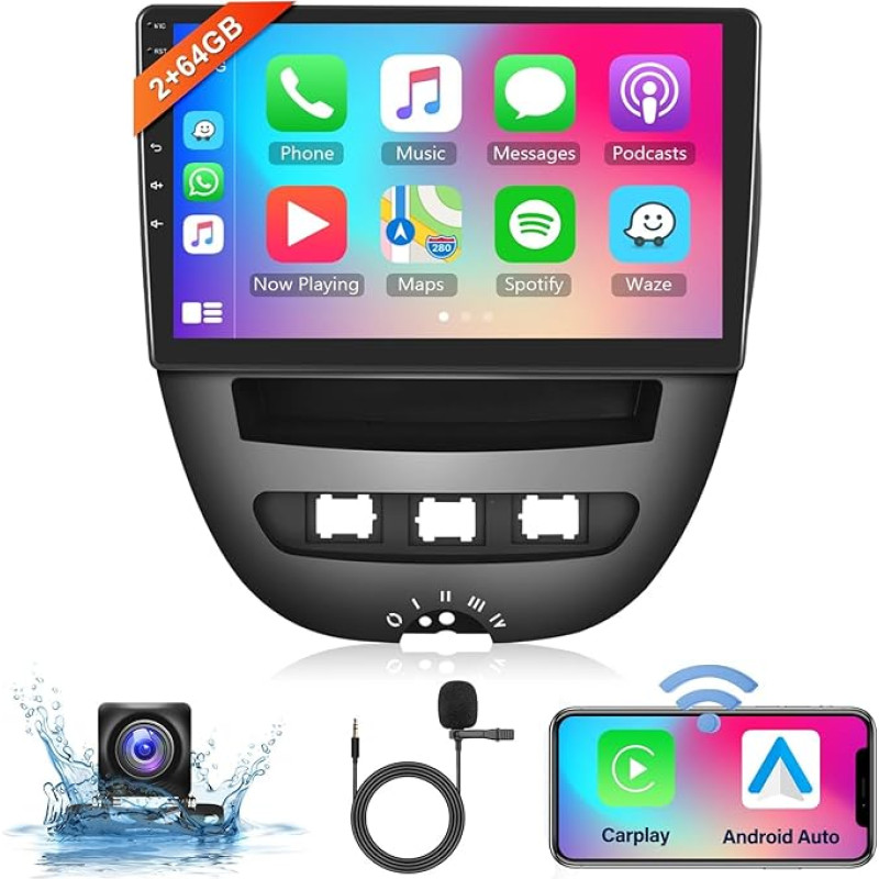 2+64G 10 Inch Wireless Carplay Android Car Radio for Toyota Aygo/Peugeot 107/Citroen C1 2004-2014 with Touchscreen with Bluetooth HiFi/RDS/FM Radio + Navi/AHD Reversing Camera/CANBUS