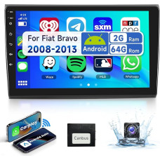 2 + 64G 9 inch car radio 2 DIN for Fiat Bravo 2008-2013 wireless carplay Android car with touch screen, Android radio with Bluetooth HiFi RDS/FM radio + AHD rear view camera + CANBUS