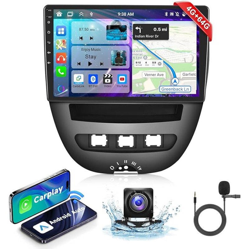 4+64G podofo 8-Core 10 Inch Android Car Radio for Toyota Aygo 2004-2014/Peugeot 107/Citroën C1 DSP Wireless Carplay Android Car Touchscreen Bluetooth FM/RDS Dual USB with Navi/AHD Rear View Camera