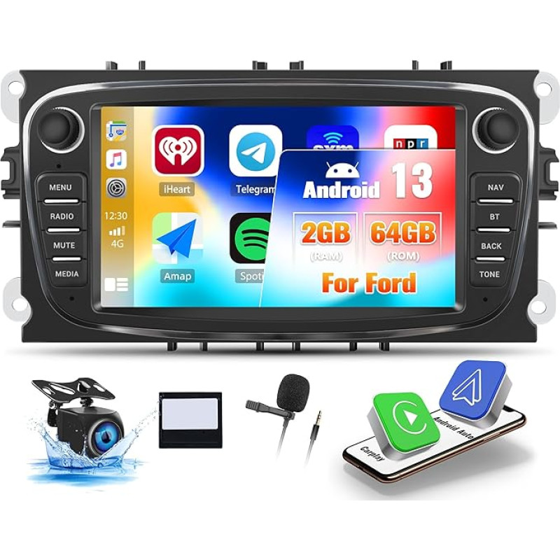 OiLiehu 2G + 64G Android 13 Carplay Android Car Radio 2 DIN for Ford Focus Mondeo C-MAX S-MAX Galaxy Kuga Car Radio with Screen 7 Inch with EQ/Bluetooth/SWC/FM RDS/WiFi/GPS/Reversing Camera