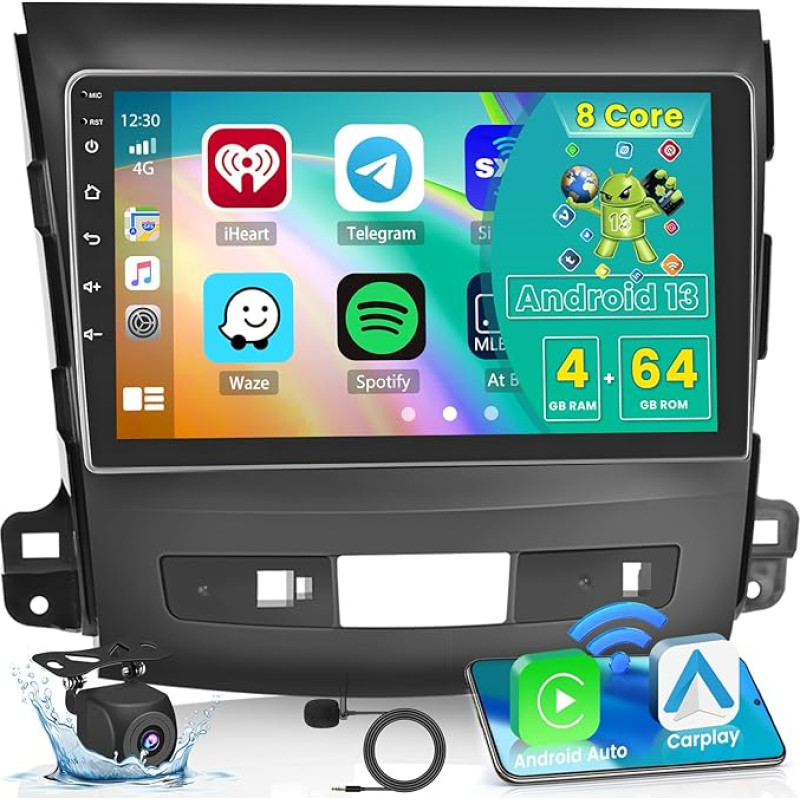 8 Core 4GB + 64GB for Mitsubishi Outlander 2008-2015, 9 Inch Screen Car Radio, Android 13 Car Radio, Wireless CarPlay Android Car, with Sat Nav, Reversing Camera, WiFi