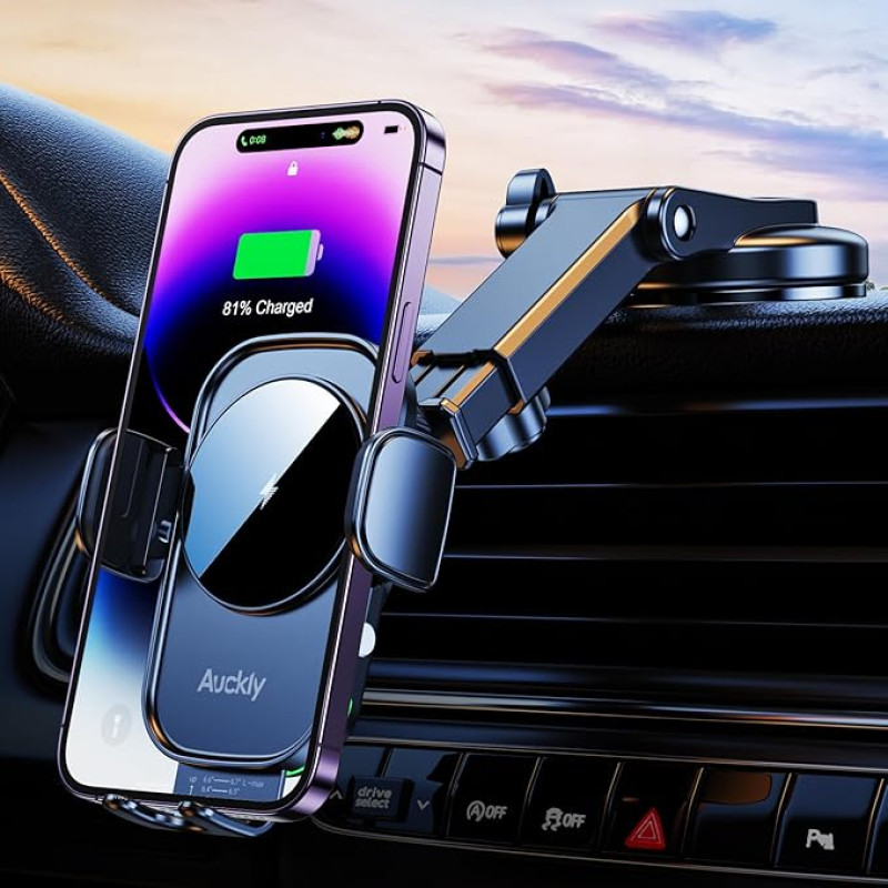 Auckly Qi 15W Car Phone Mount, Wireless Charger, 【+ Suction Cup】Fast Wireless Car Charger Holder, Automatic Sensor, Phone Holder, Compatible with iPhone 12, 13, 14 Pro Max Plus,