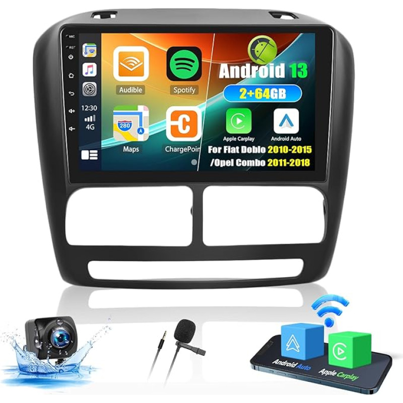 OiLiehu 2G + 64G Android 13 Car Radio 2DIN Carplay Android Car for Fiat Doblo 2010-2015/Opel Combo 2011-2018 Car Radio with Screen 9 Inch Support EQ/Bluetooth/FM RDS/WiFi/GPS/Rear View Camera