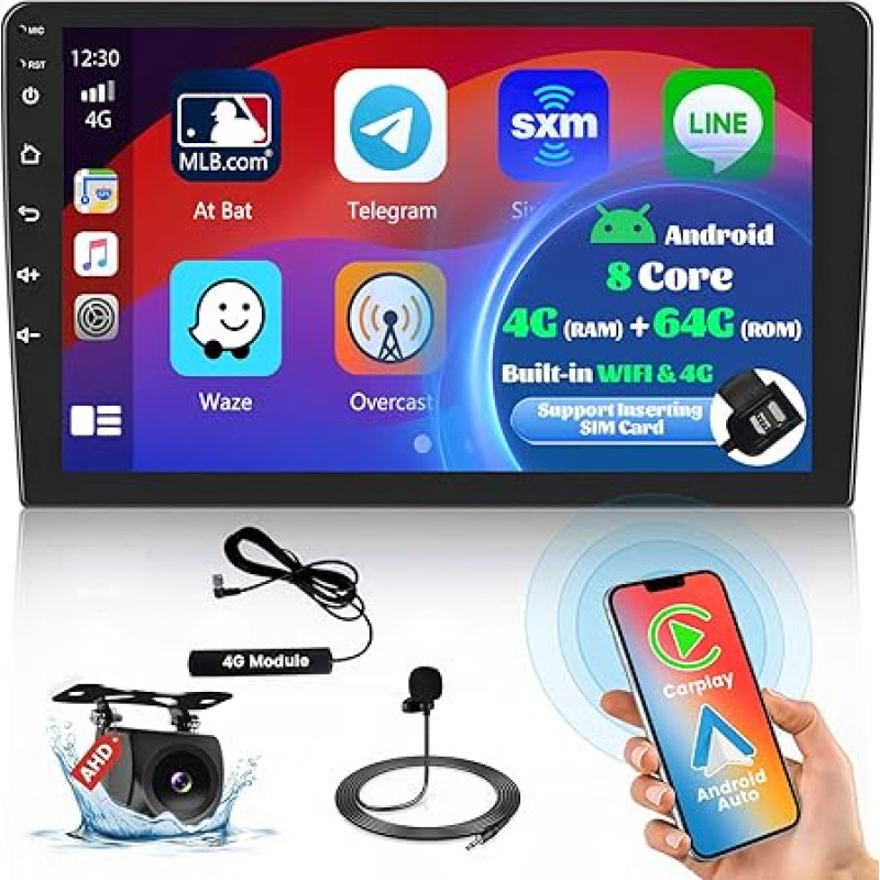 8 Core 4G + 64G Hikity 9 Inch Toucscreen Android 13 Car Radio with Wireless Carplay Android Car, Double DIN Car Radio with Navigation RDS FM AM Radio DSP USB SWC Reversing Camera